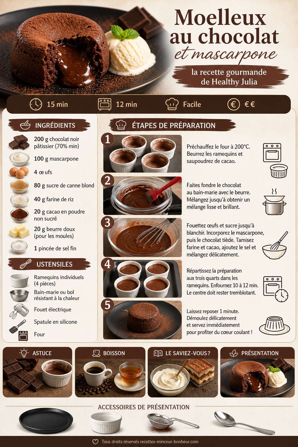 Fiche recette Moelleux au chocolat et mascarpone : la recette gourmande de Healthy Julia