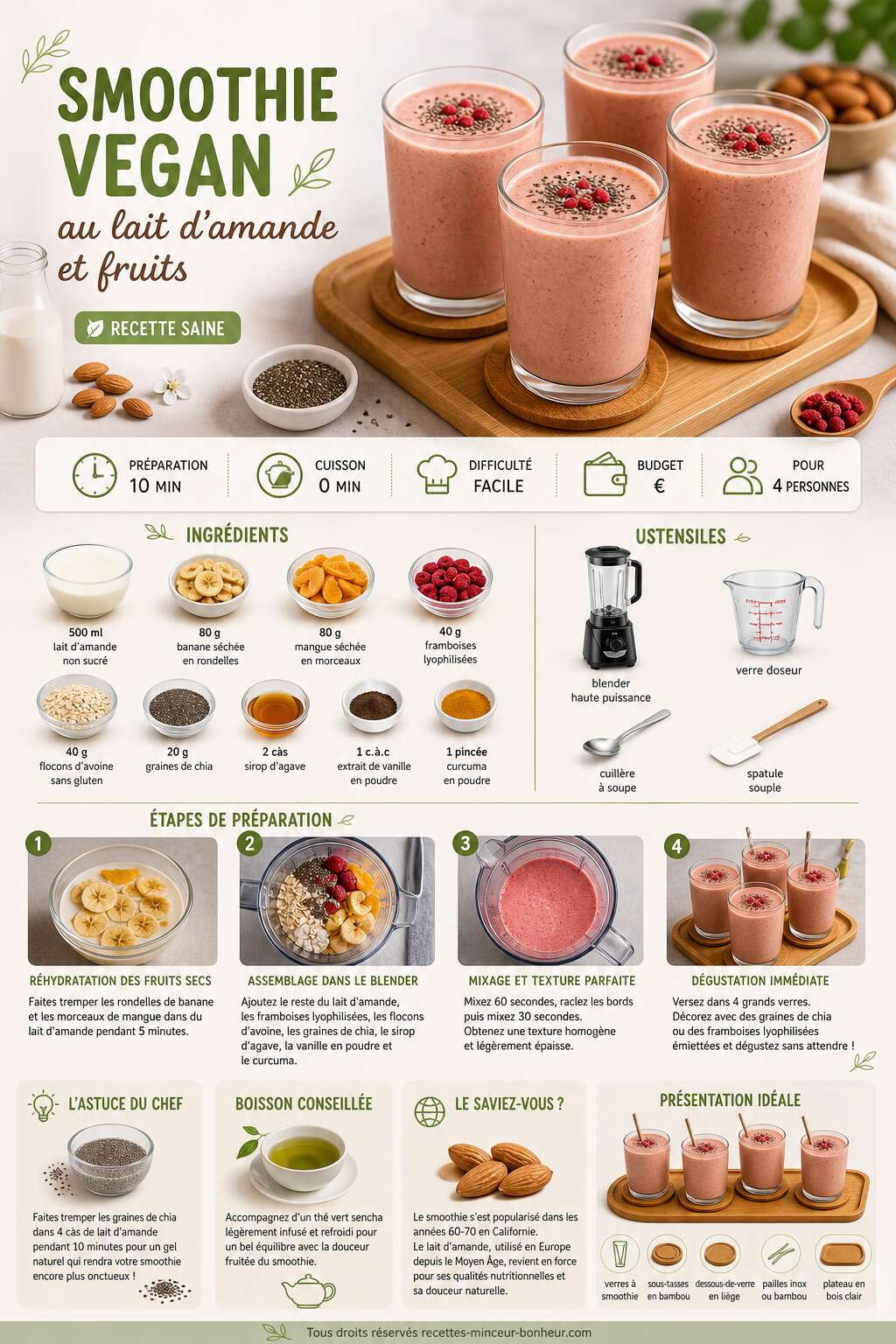 Fiche recette Smoothie vegan au lait d'amande et fruits : recette saine
