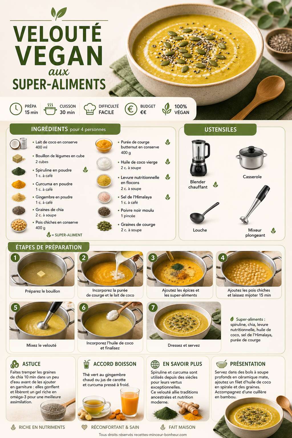 Fiche recette Recette : velout&eacute; vegan aux super-aliments