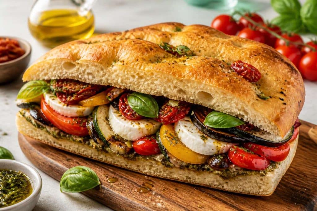 Sandwich focaccia : légumes rôtis et mozzarella