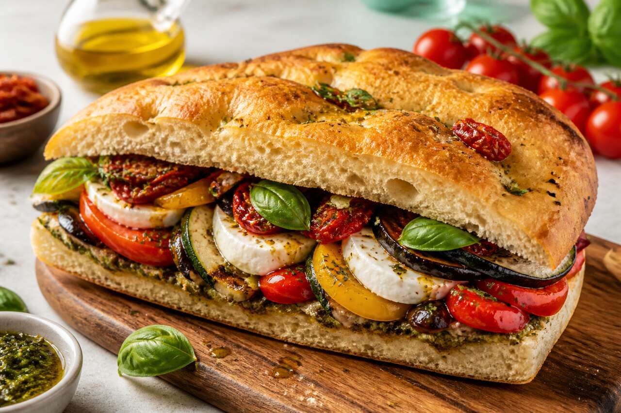 Sandwich focaccia : légumes rôtis et mozzarella