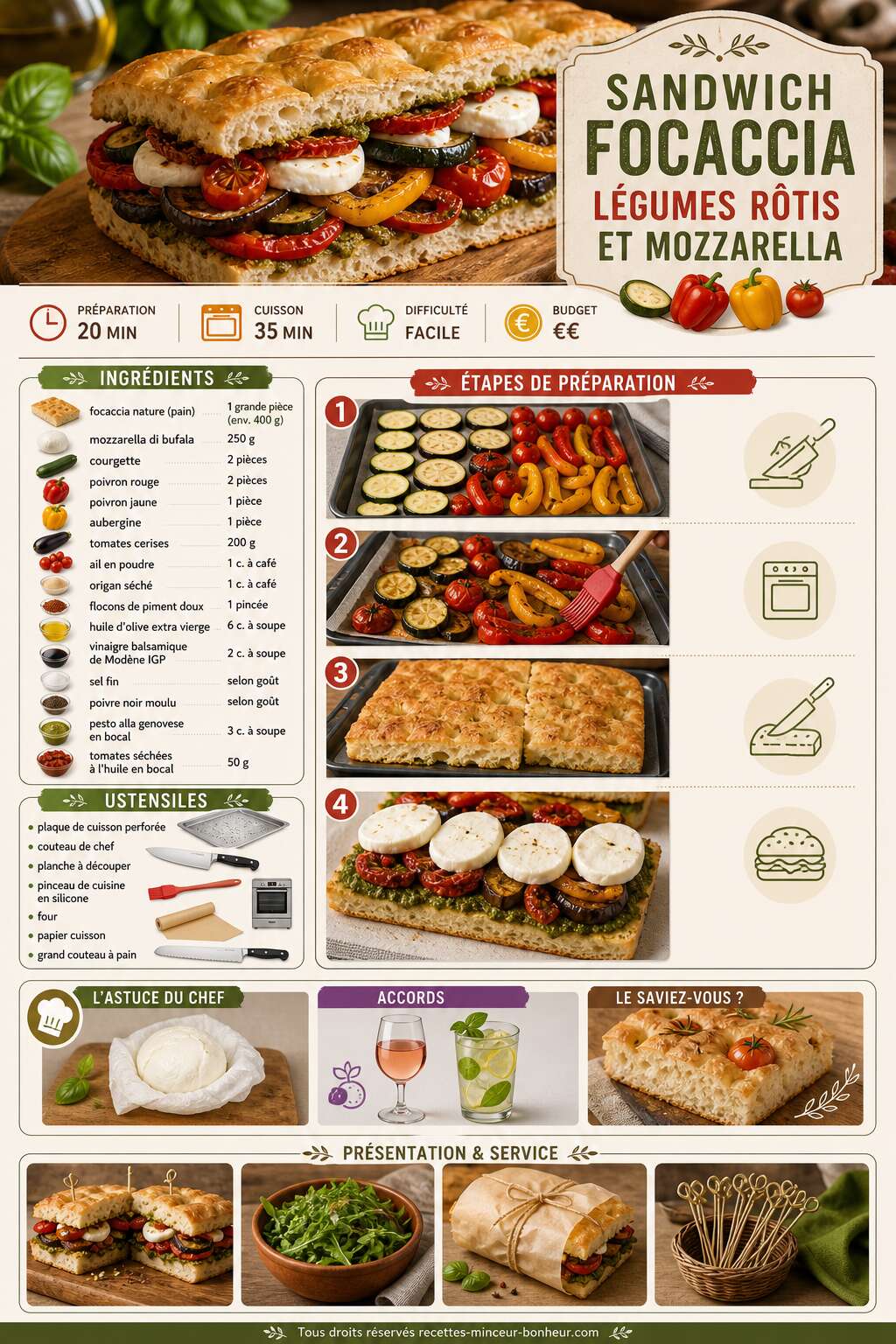 Fiche recette Sandwich focaccia : l&eacute;gumes r&ocirc;tis et mozzarella