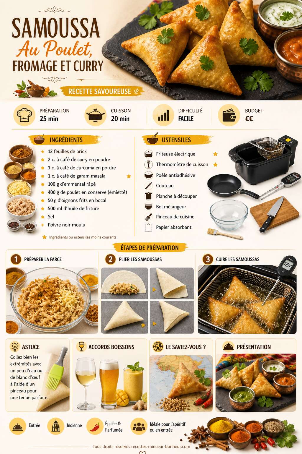 Fiche recette Samoussa Au Poulet, fromage Et Curry : recette Savoureuse