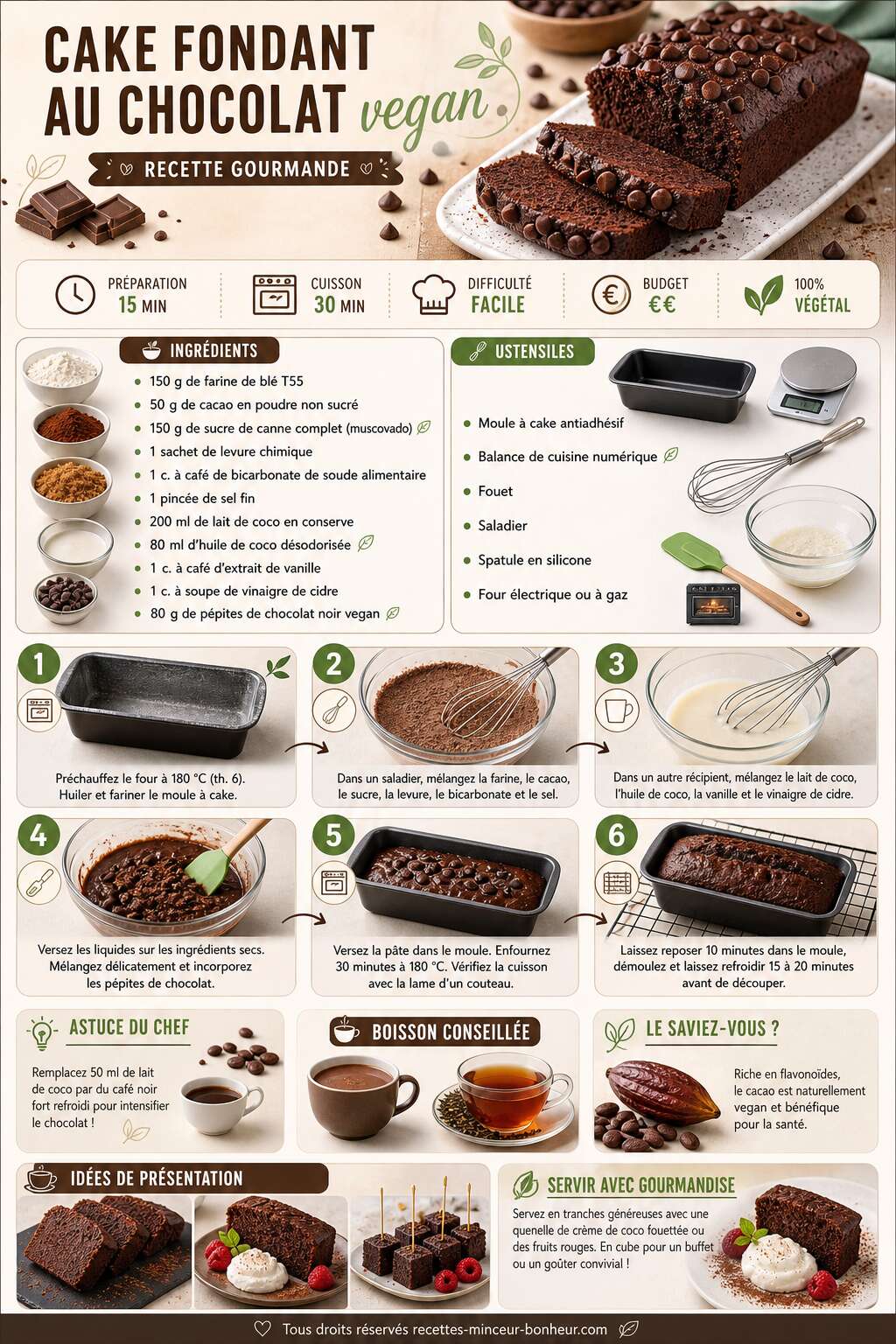 Fiche recette Cake fondant au chocolat vegan : recette gourmande