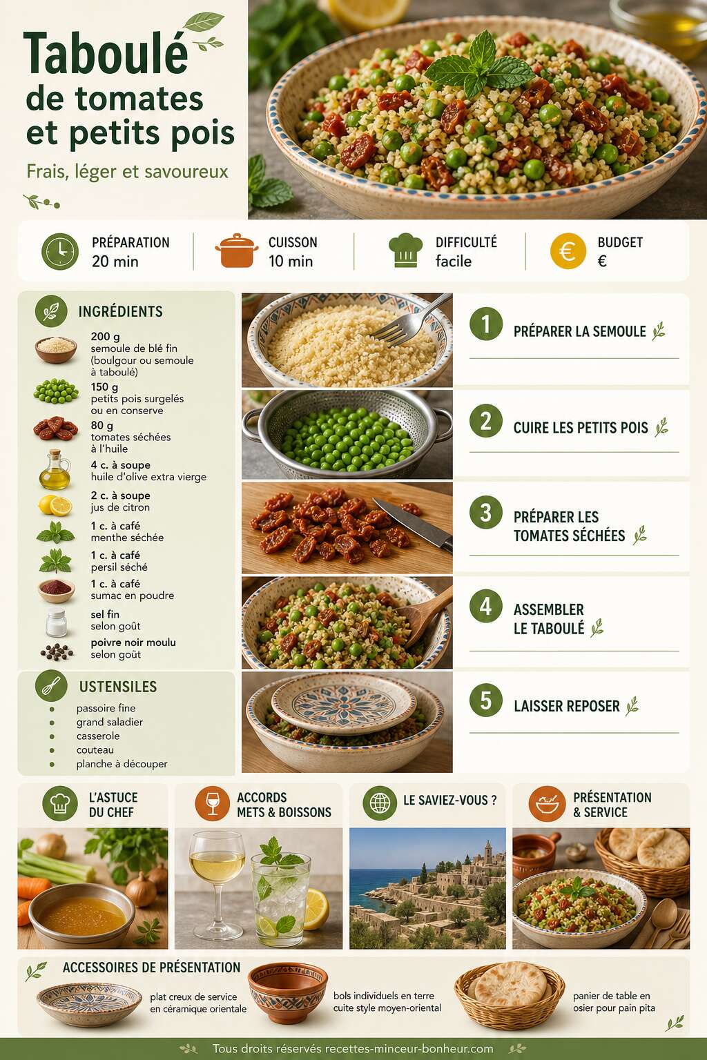 Fiche recette Taboul&eacute; de tomates et petits pois : recette saine et savoureuse