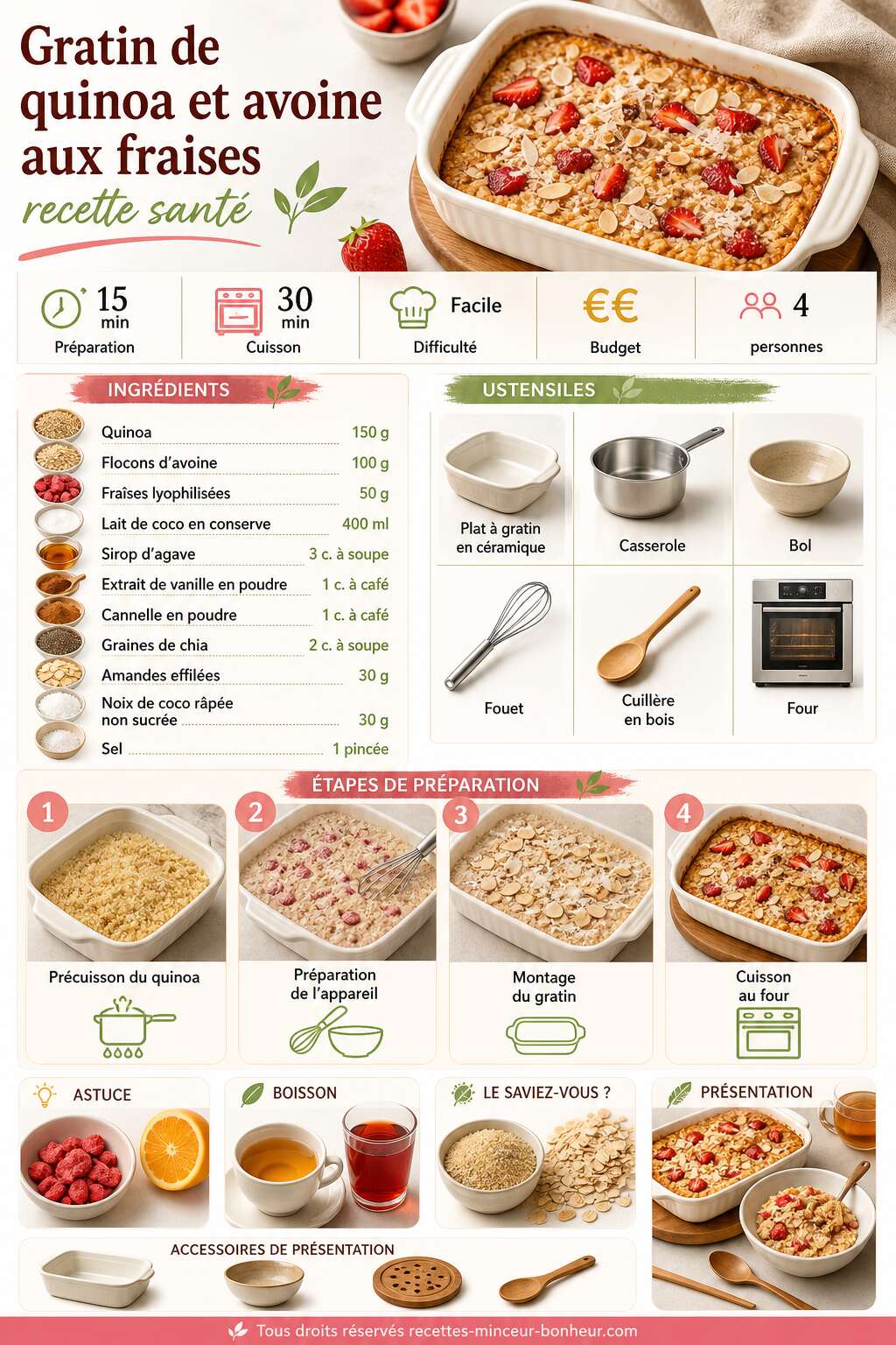 Fiche recette Gratin de quinoa et avoine aux fraises : recette santé Fiche recette Gratin de quinoa et avoine aux fraises : recette santé