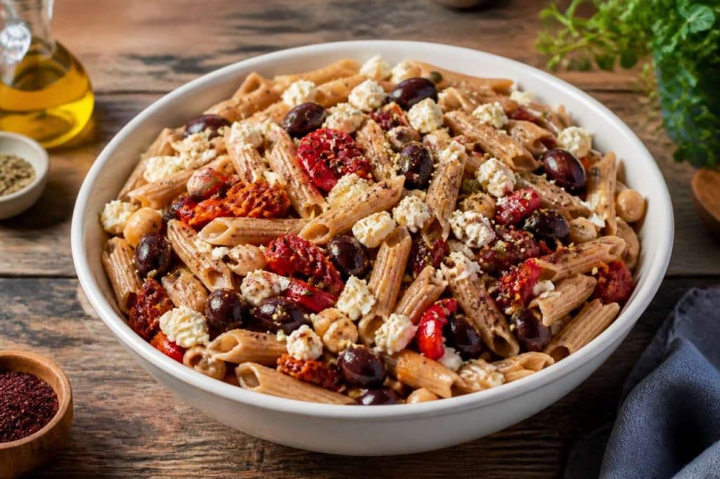 Salade de pâtes complètes à la grecque : recette saine et savoureuse