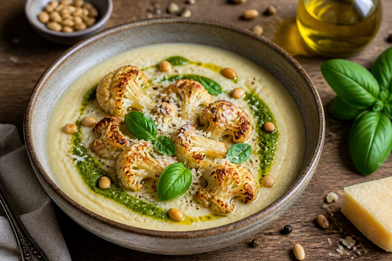 Velouté de chou-fleur au pesto maison : recette savoureuse et facile