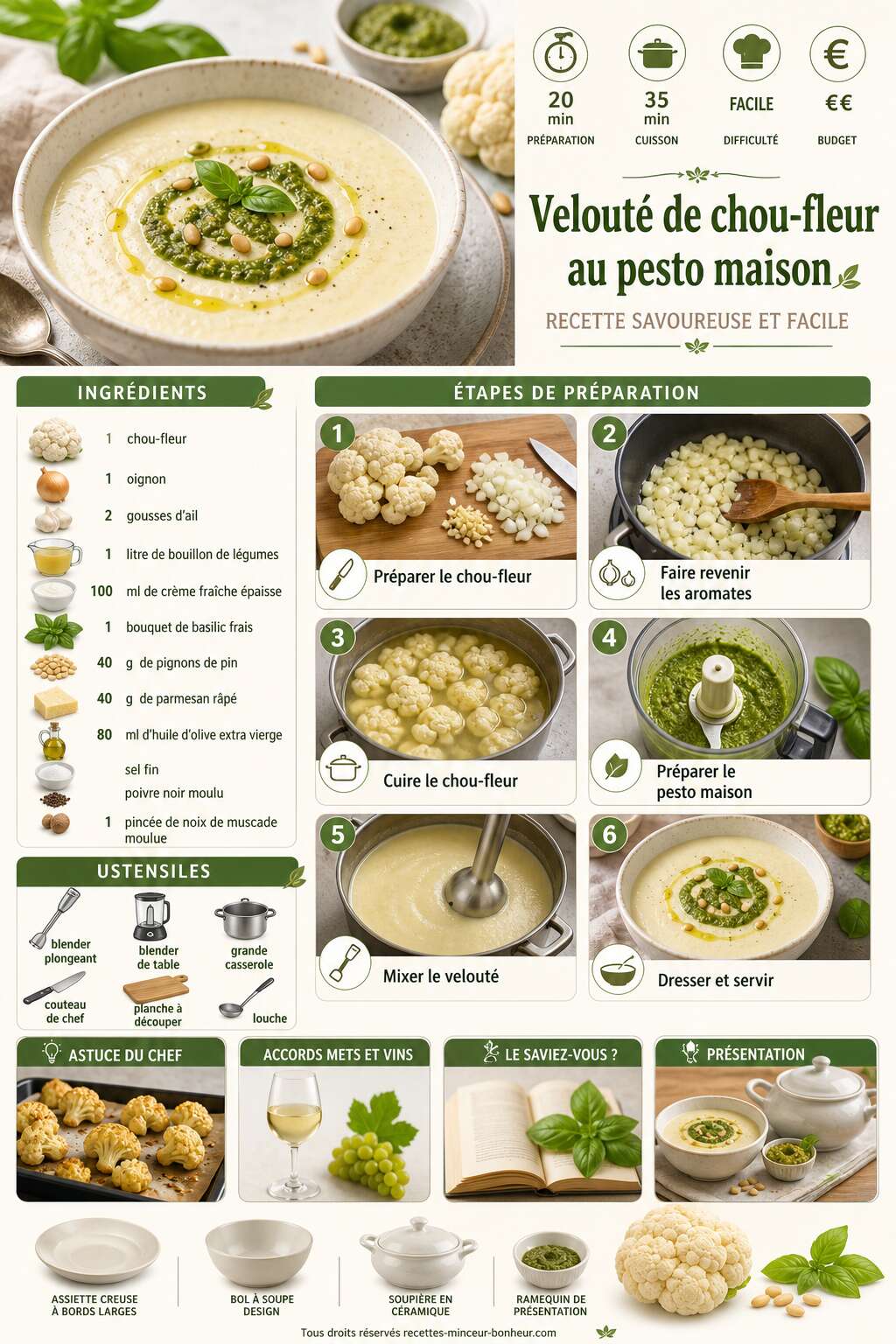 Fiche recette Velouté de chou-fleur au pesto maison : recette savoureuse et facile Fiche recette Velouté de chou-fleur au pesto maison : recette savoureuse et facile