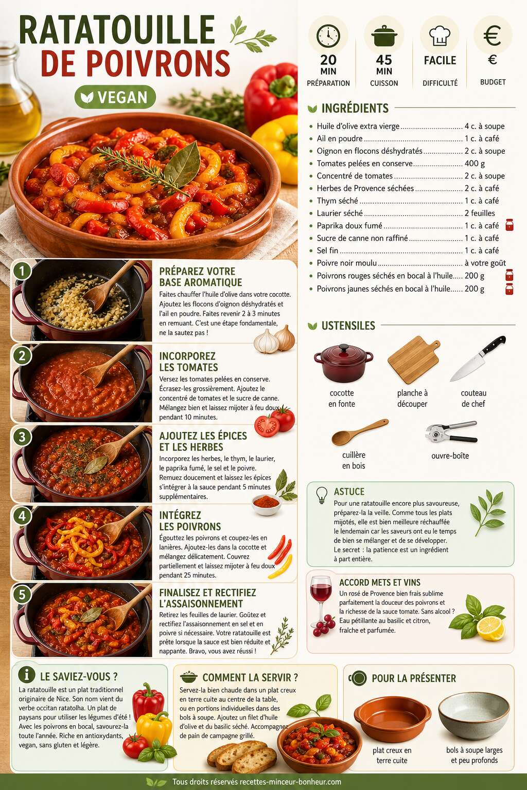 Fiche recette Ratatouille de poivrons vegan : recette saine et savoureuse Fiche recette Ratatouille de poivrons vegan : recette saine et savoureuse