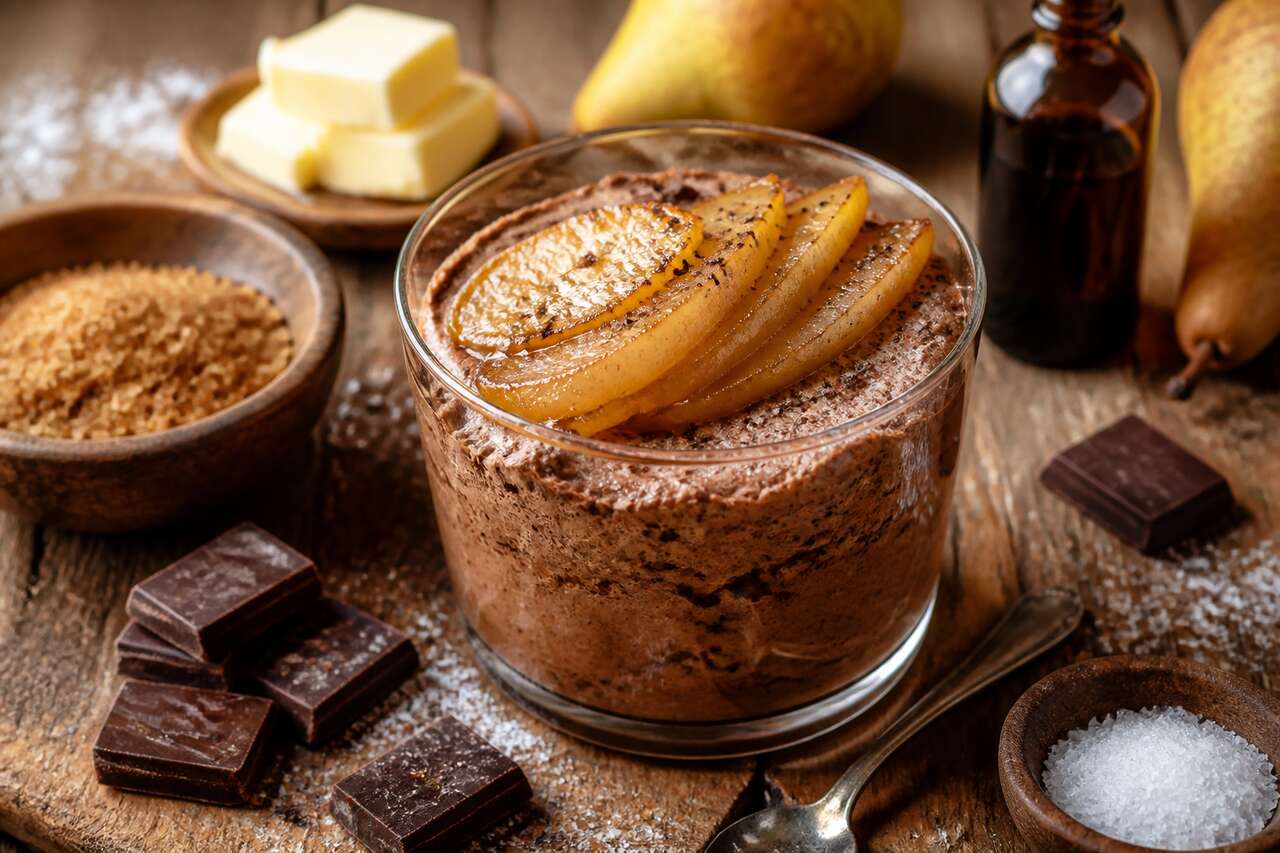 Mousse au chocolat maison : poires caramélisées