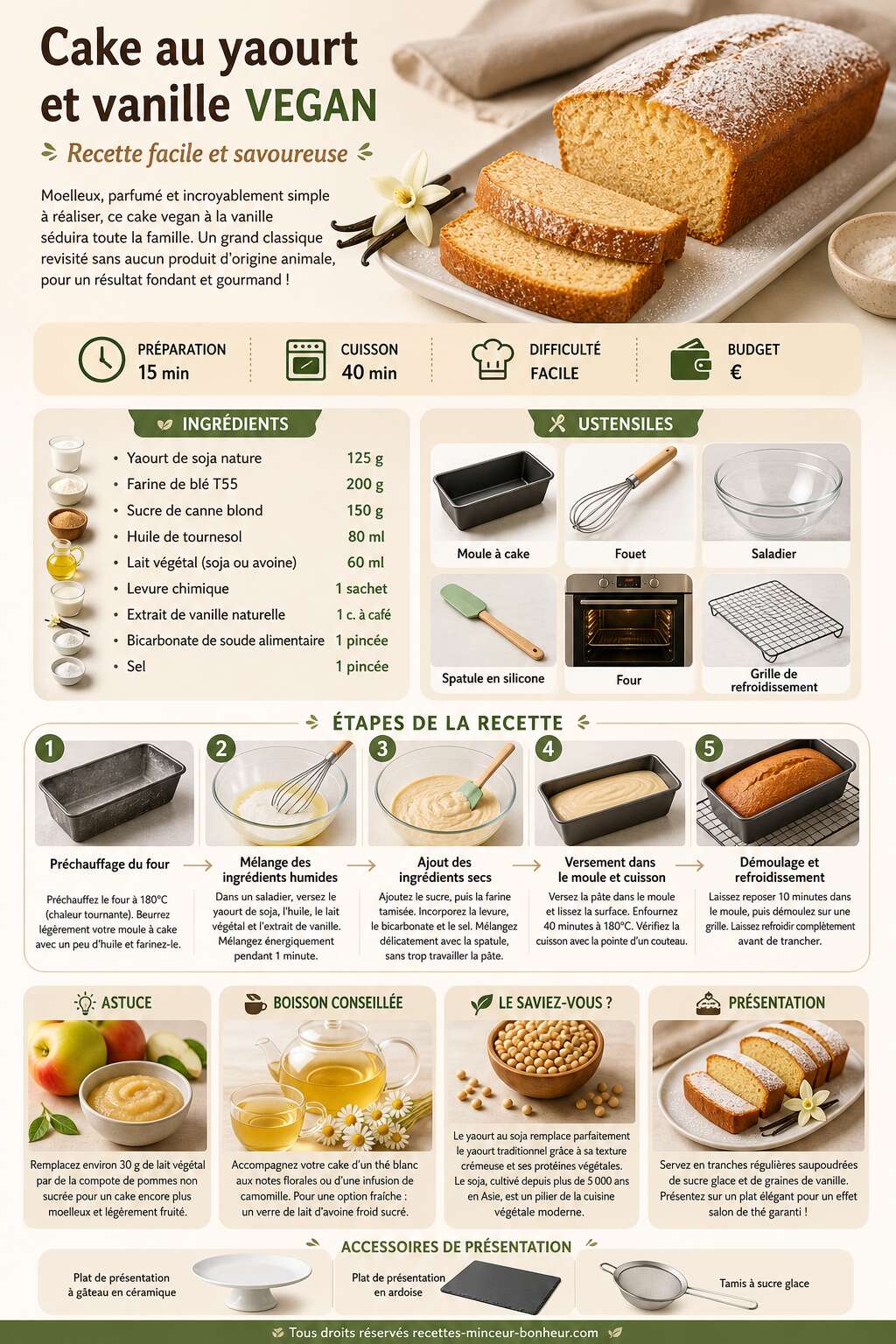 Fiche recette Cake au yaourt et vanille vegan : recette facile et savoureuse Fiche recette Cake au yaourt et vanille vegan : recette facile et savoureuse