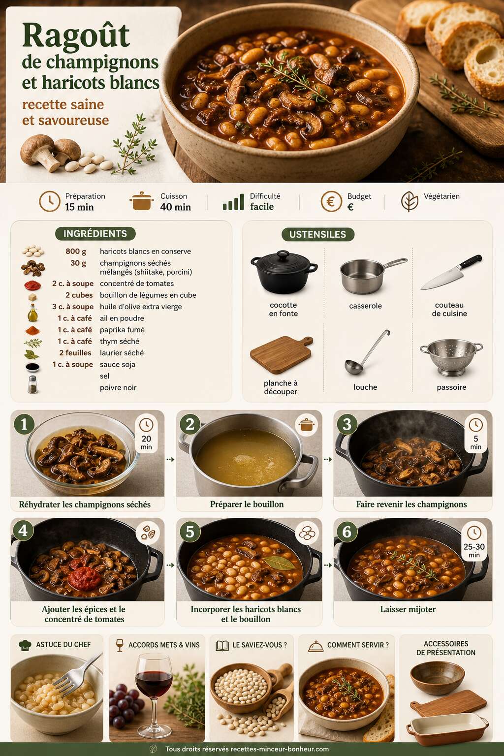 Fiche recette Rago&ucirc;t de champignons et haricots blancs : recette saine et savoureuse