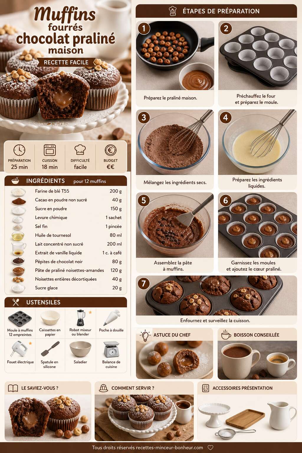 Fiche recette Muffins fourrés chocolat praliné maison : recette facile Fiche recette Muffins fourrés chocolat praliné maison : recette facile