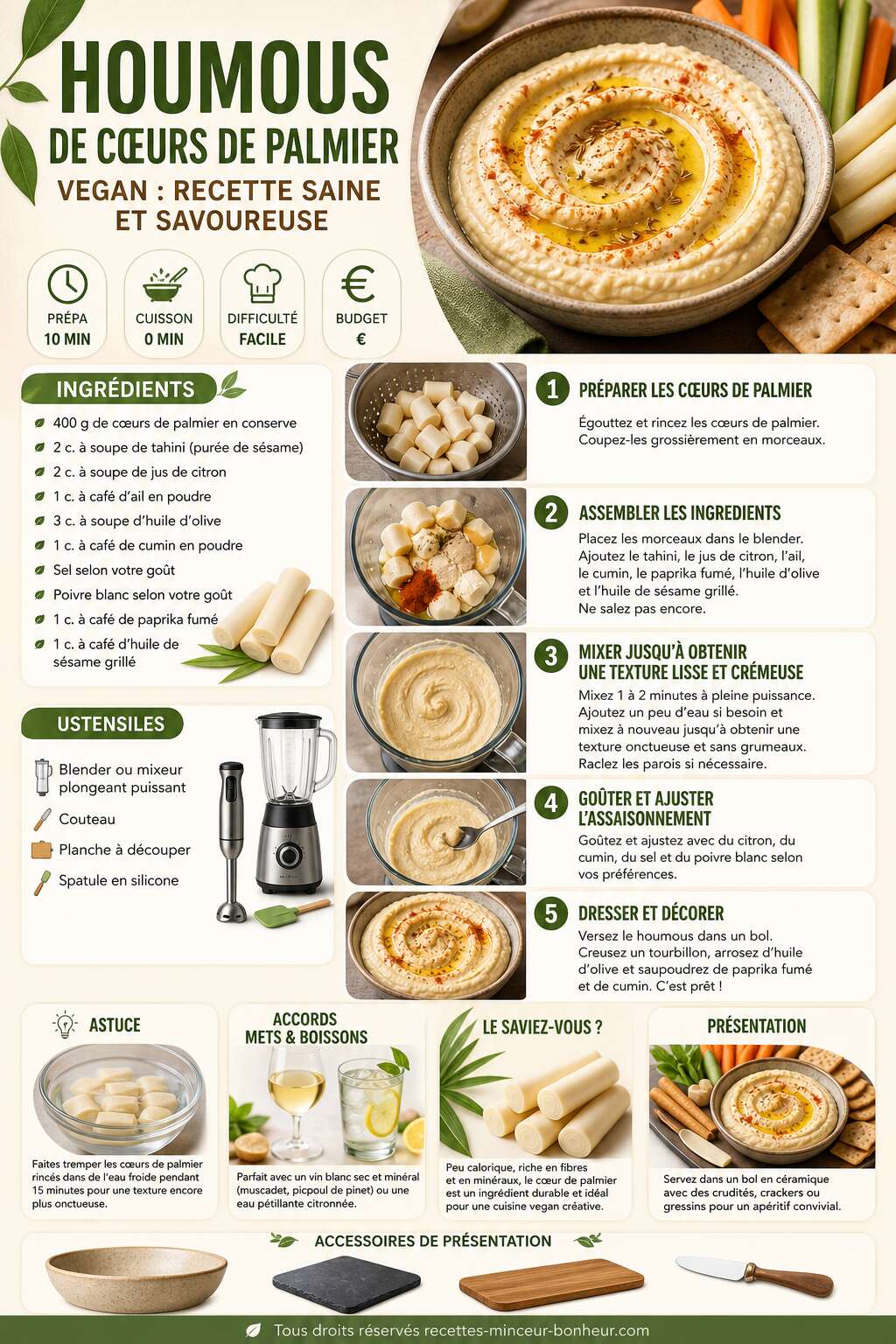 Fiche recette Houmous de cœurs de palmier vegan : recette saine et savoureuse Fiche recette Houmous de cœurs de palmier vegan : recette saine et savoureuse