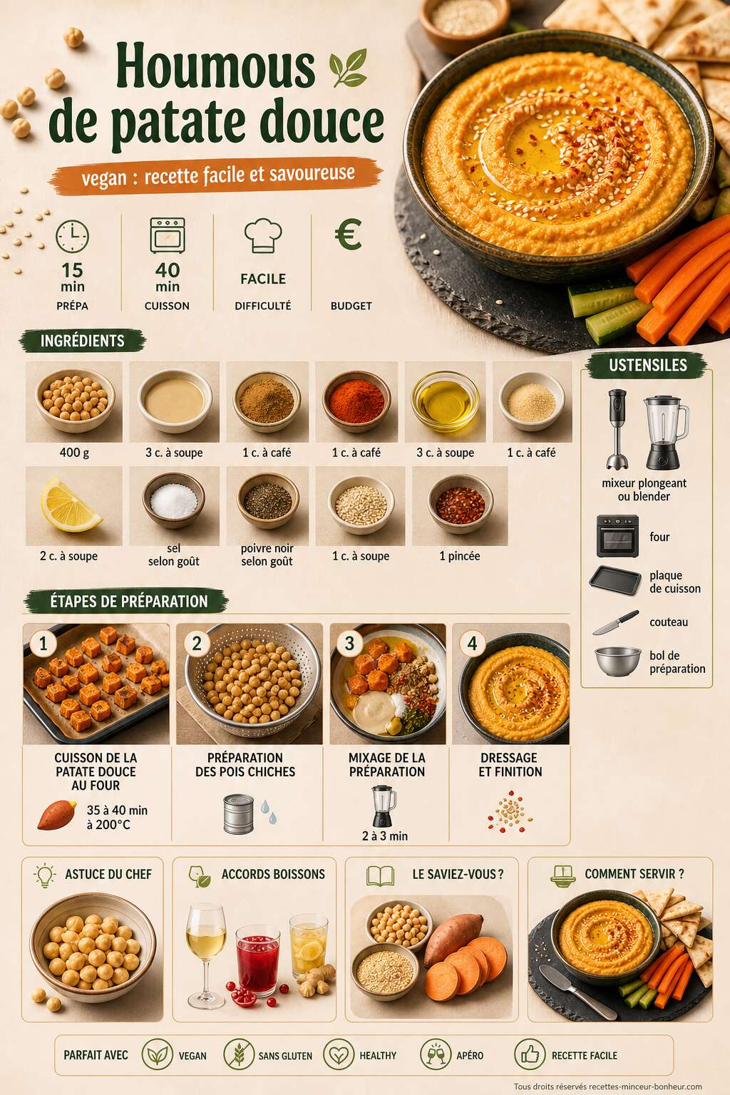 Fiche recette Houmous de patate douce vegan : recette facile et savoureuse