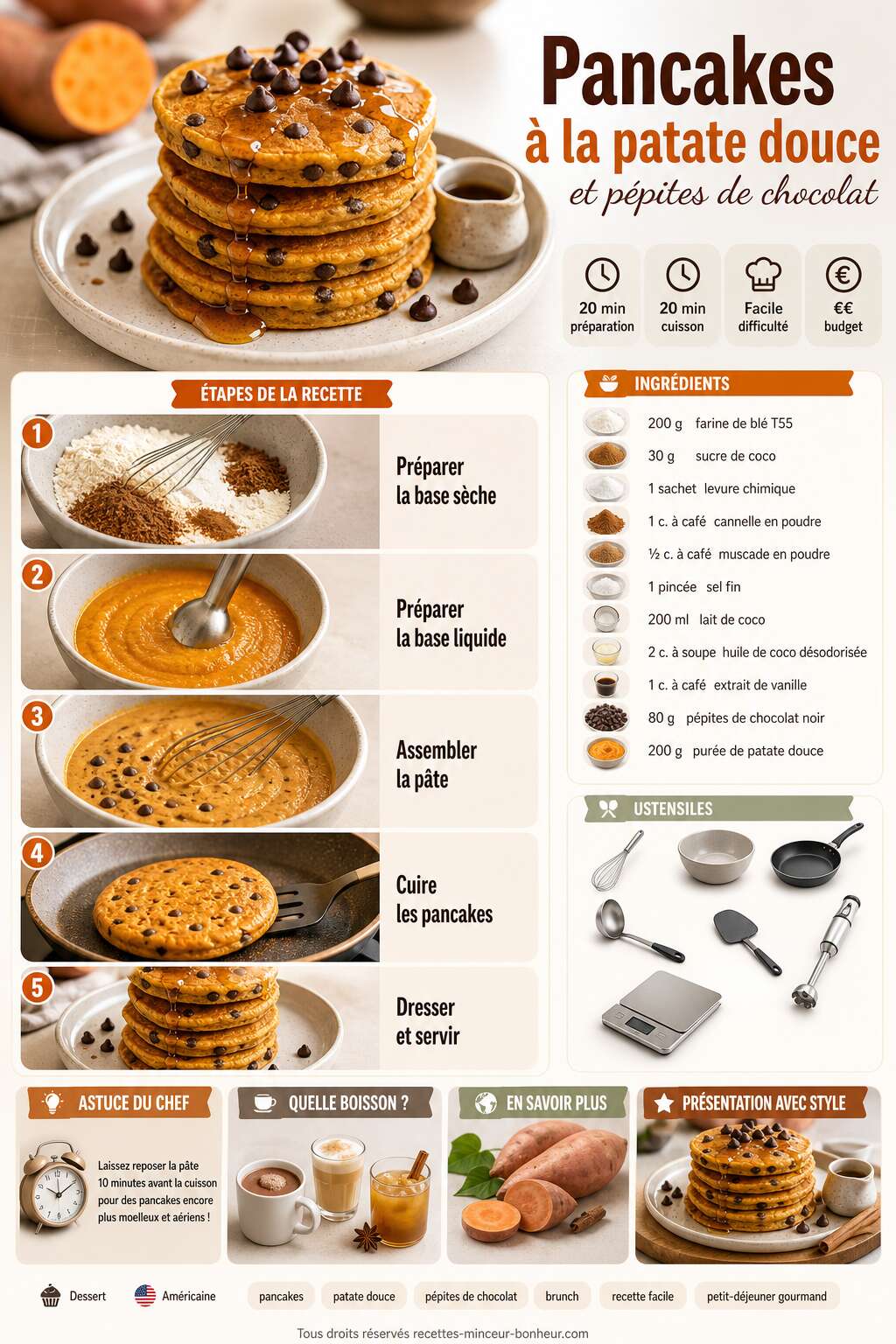 Fiche recette Pancakes &agrave; la patate douce et p&eacute;pites de chocolat : recette gourmande