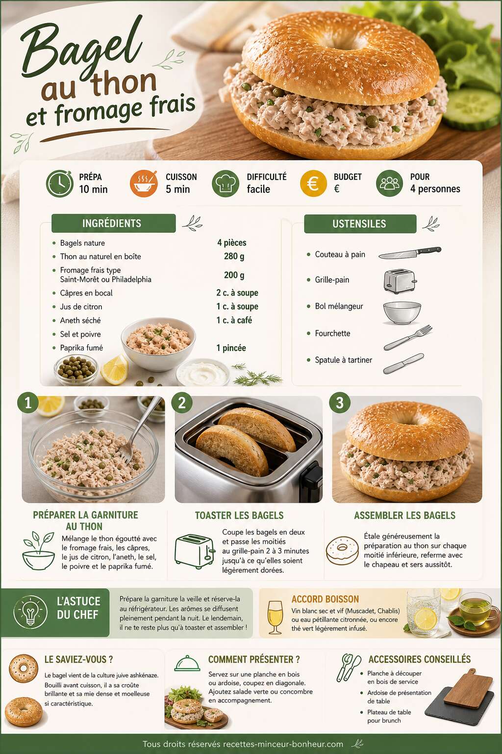 Fiche recette Bagel rapide au thon et fromage frais : recette facile Fiche recette Bagel rapide au thon et fromage frais : recette facile