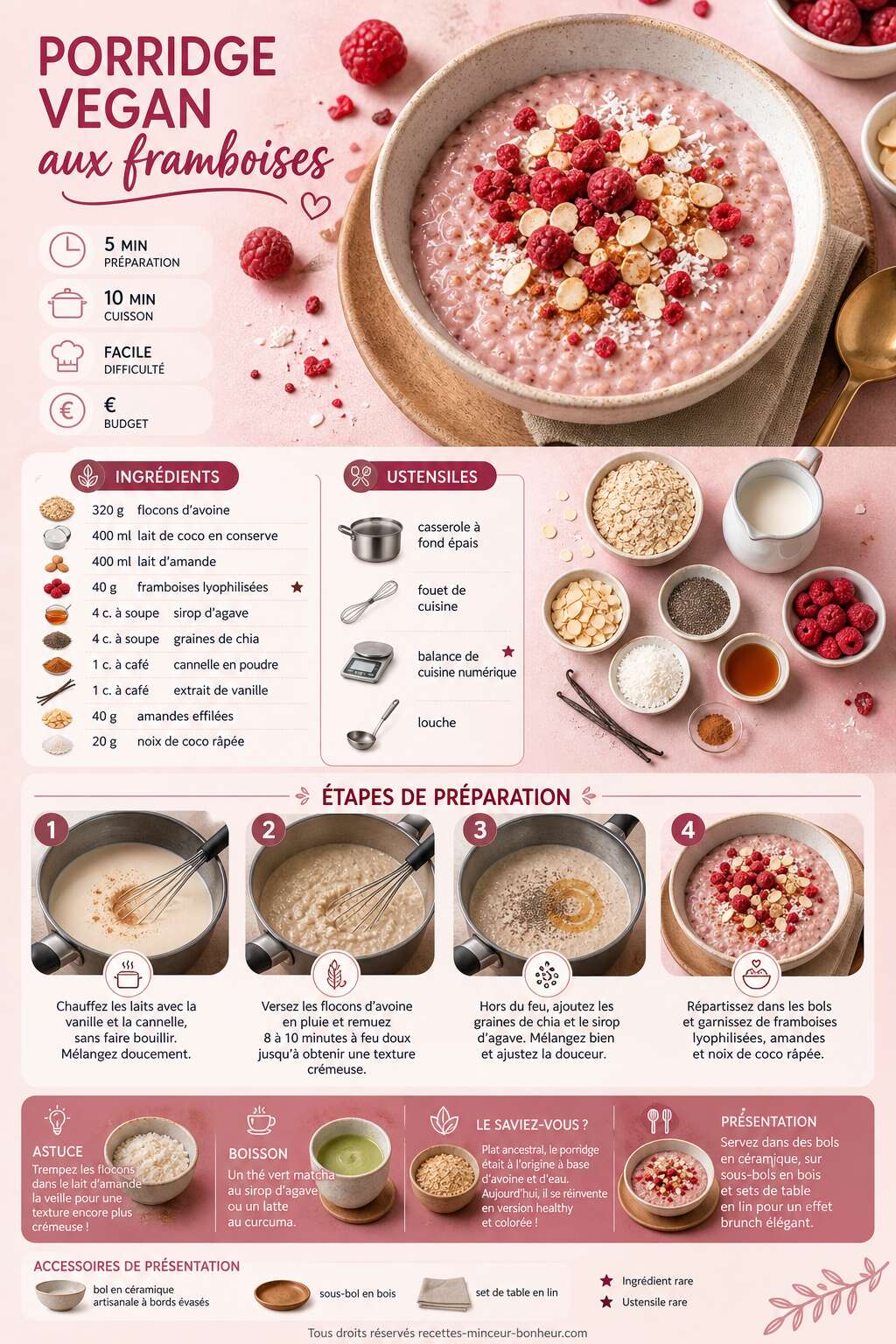 Fiche recette Recette de porridge vegan aux framboises Fiche recette Recette de porridge vegan aux framboises