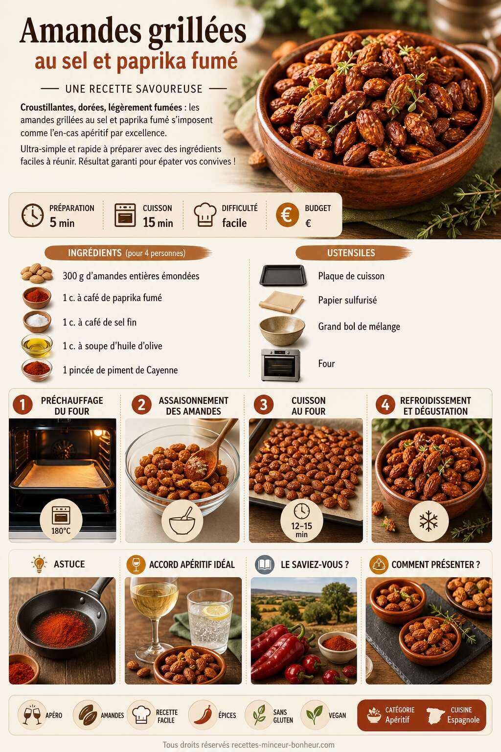Fiche recette Amandes grillées au sel et paprika fumé : une recette savoureuse Fiche recette Amandes grillées au sel et paprika fumé : une recette savoureuse