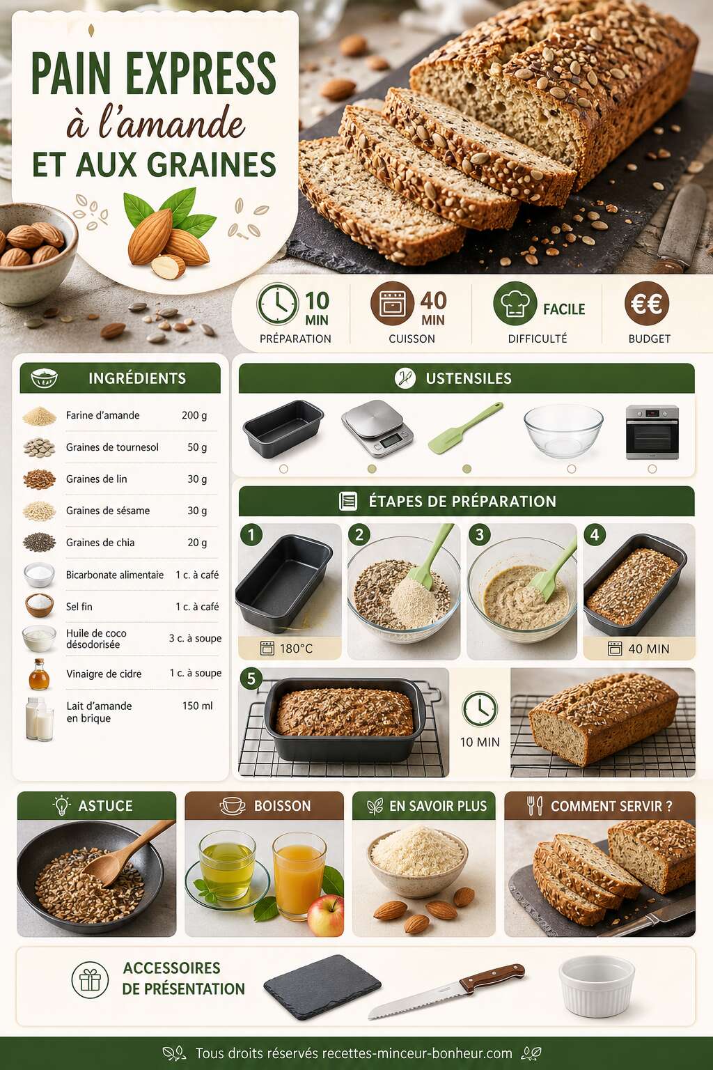 Fiche recette Pain express à l'amande et aux graines : recette facile et rapide Fiche recette Pain express à l'amande et aux graines : recette facile et rapide