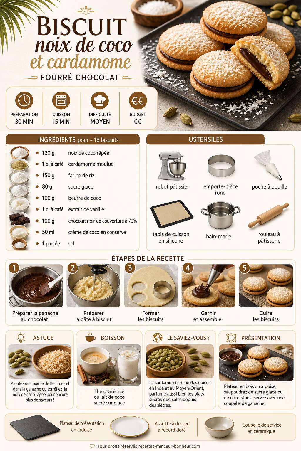 Fiche recette Biscuit noix de coco et cardamome fourré chocolat Fiche recette Biscuit noix de coco et cardamome fourré chocolat