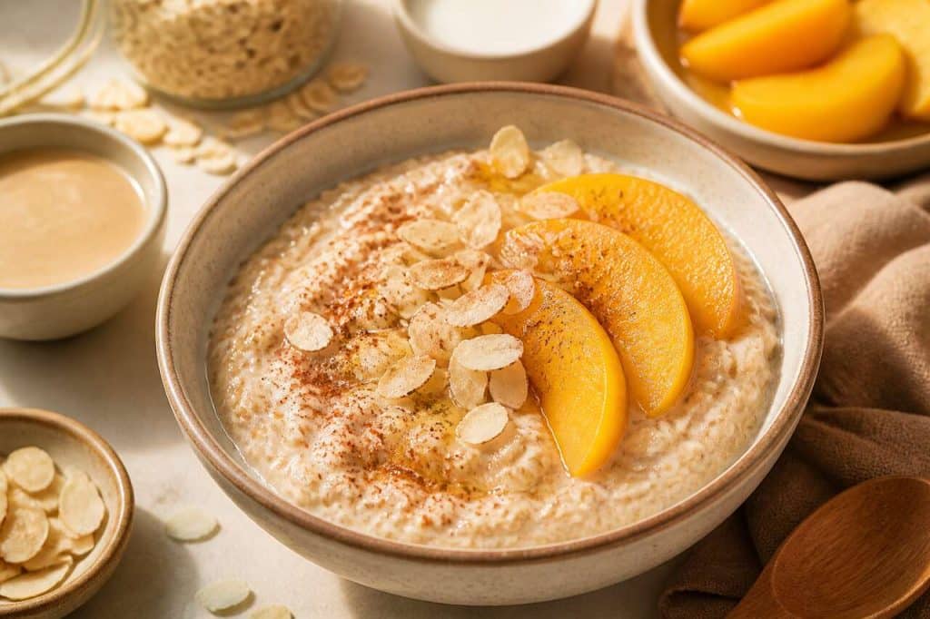 Porridge express amande et pêche : recette vegan rapide