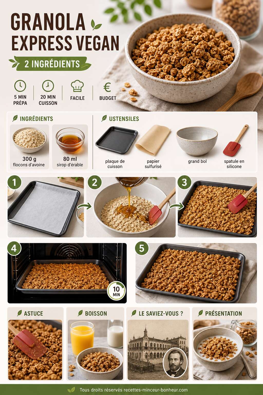 Fiche recette Granola express vegan : recette rapide avec 2 ingr&eacute;dients