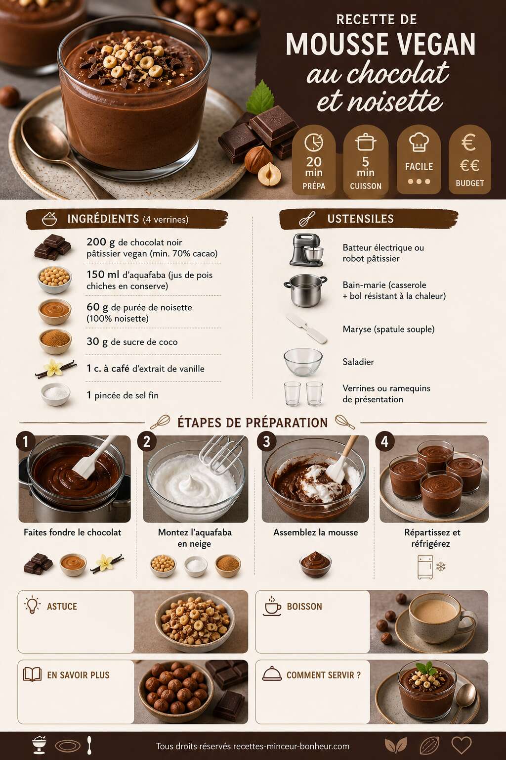 Fiche recette Recette de mousse vegan au chocolat et noisette