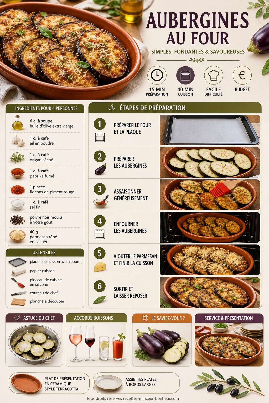 Fiche recette Cuisson et recettes d'aubergines au four