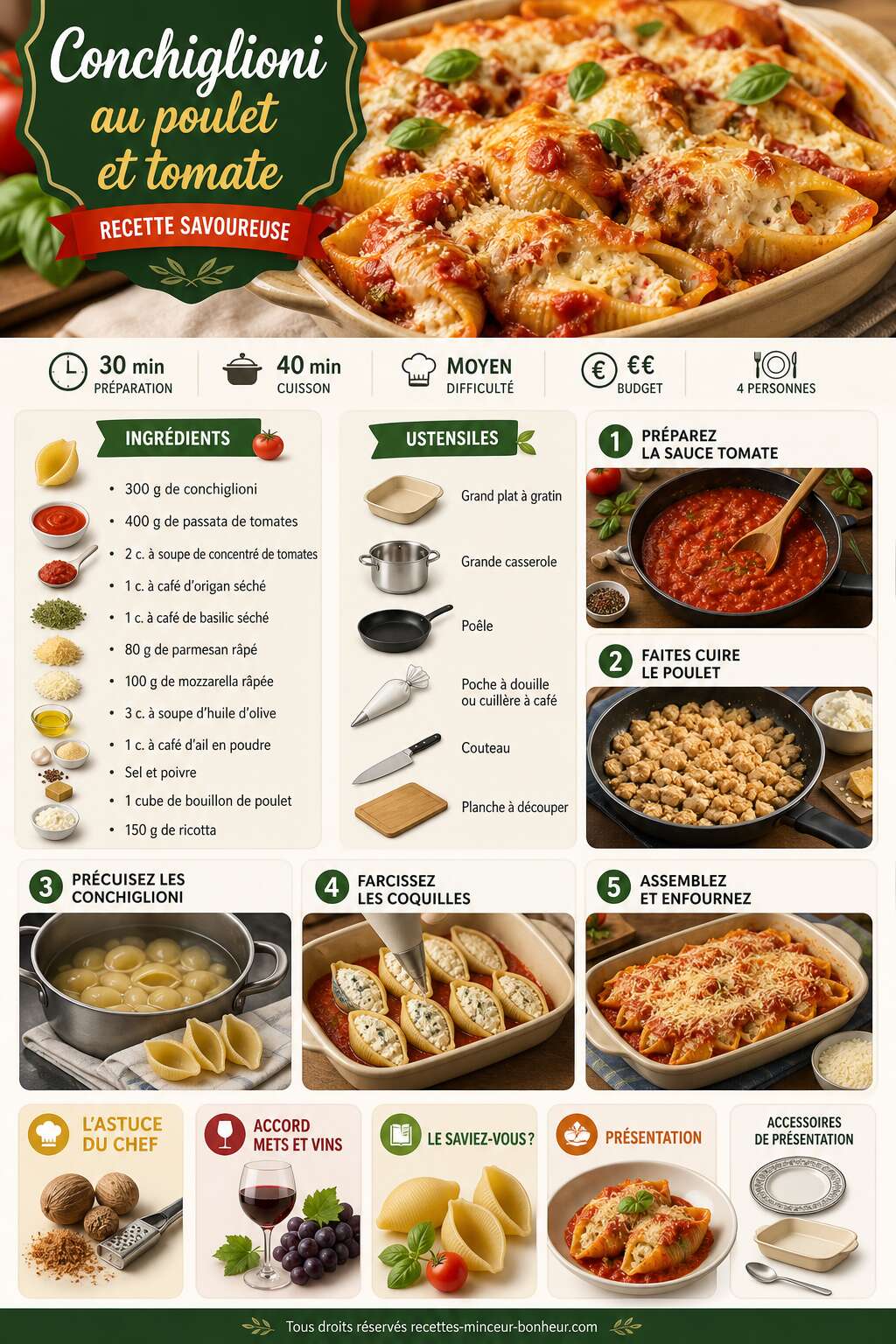 Fiche recette Conchiglioni au poulet et tomate : recette savoureuse Fiche recette Conchiglioni au poulet et tomate : recette savoureuse