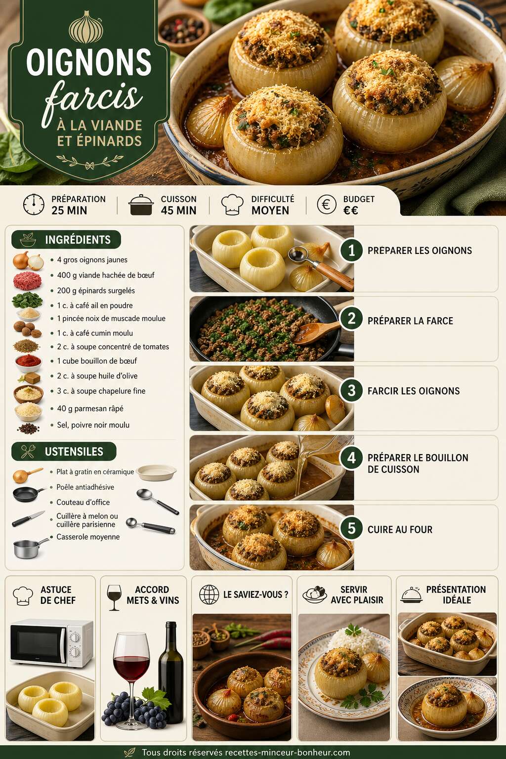 Fiche recette Oignons farcis à la viande et épinards - recette savoureuse Fiche recette Oignons farcis à la viande et épinards - recette savoureuse