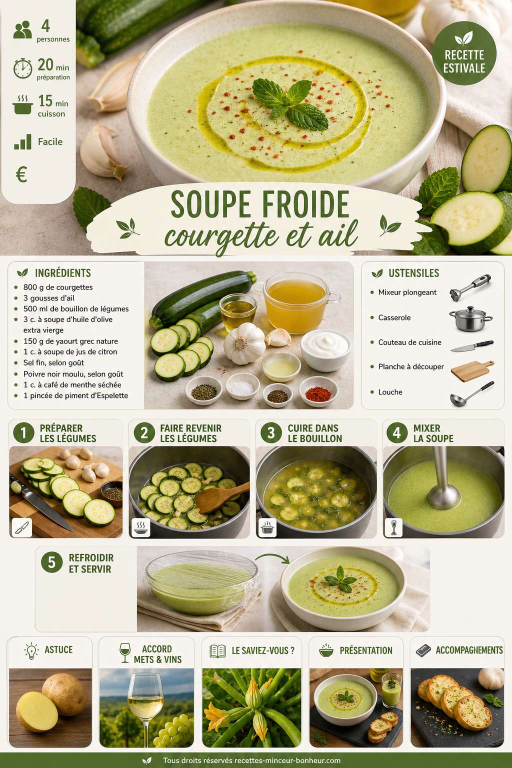 Fiche recette Soupe froide courgette et ail : recette estivale facile et rapide