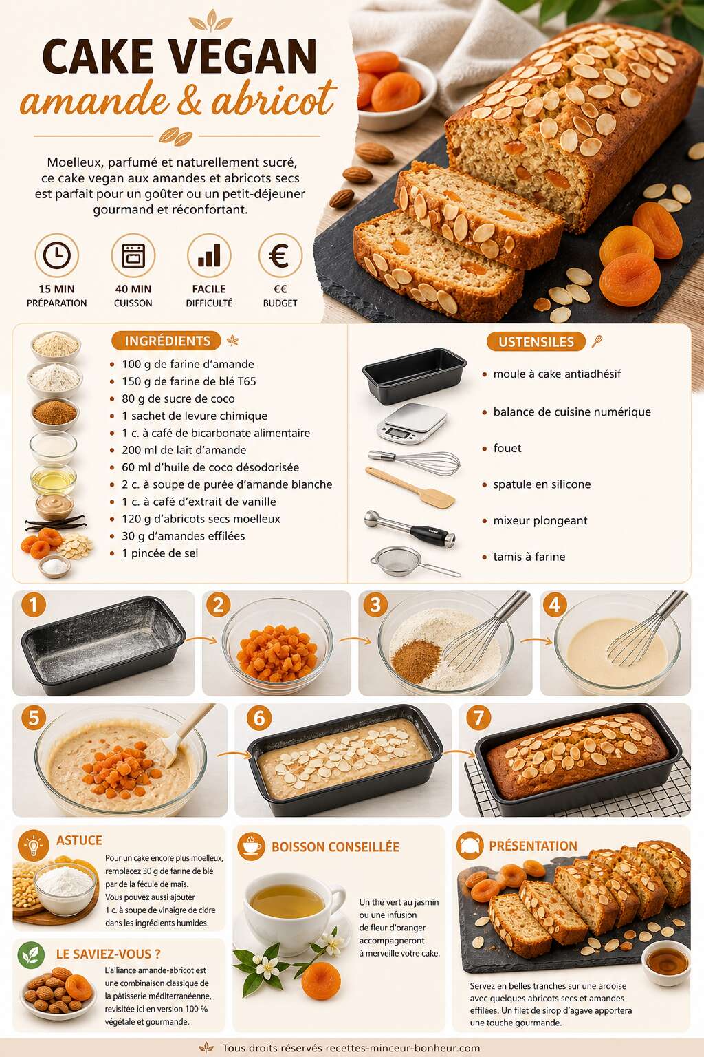 Fiche recette Recette : cake vegan amande et abricot
