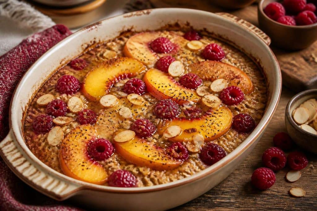 Porridge au four pêche-framboise vegan : recette gourmande et saine