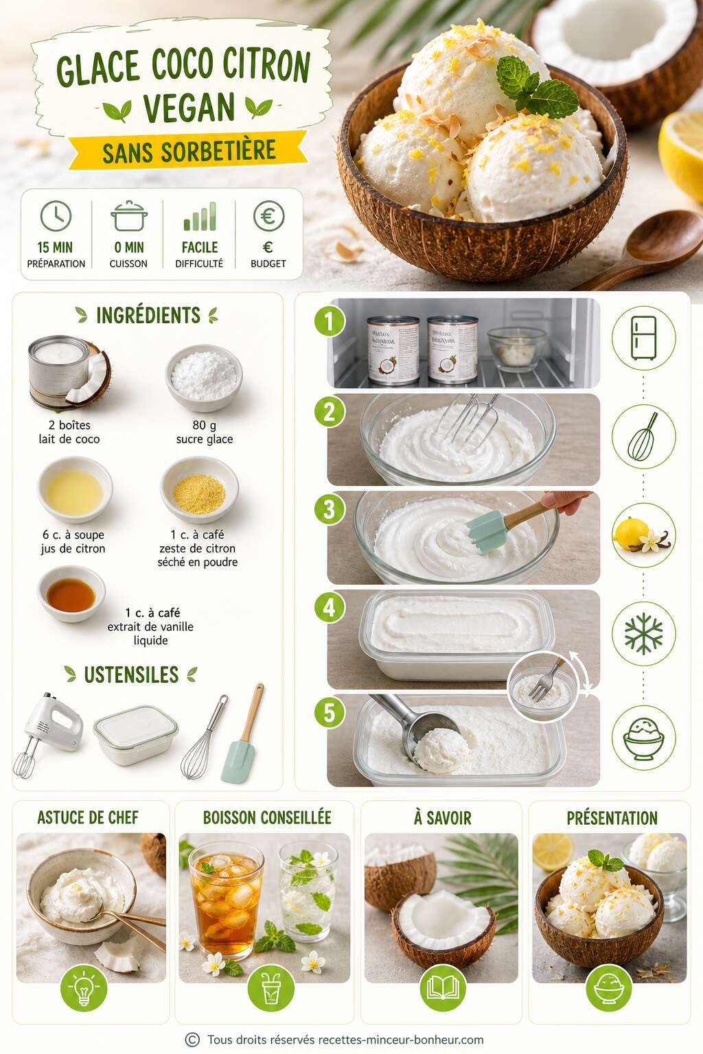 Fiche recette Glace coco citron vegan sans sorbeti&egrave;re : recette facile