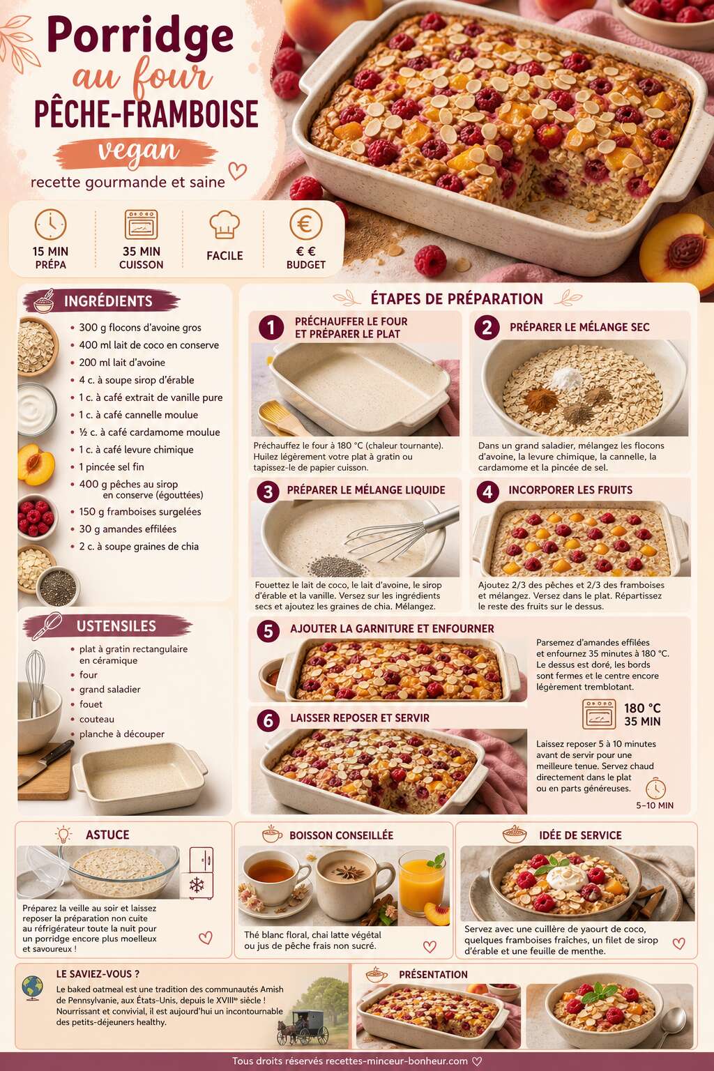 Fiche recette Porridge au four p&ecirc;che-framboise vegan : recette gourmande et saine