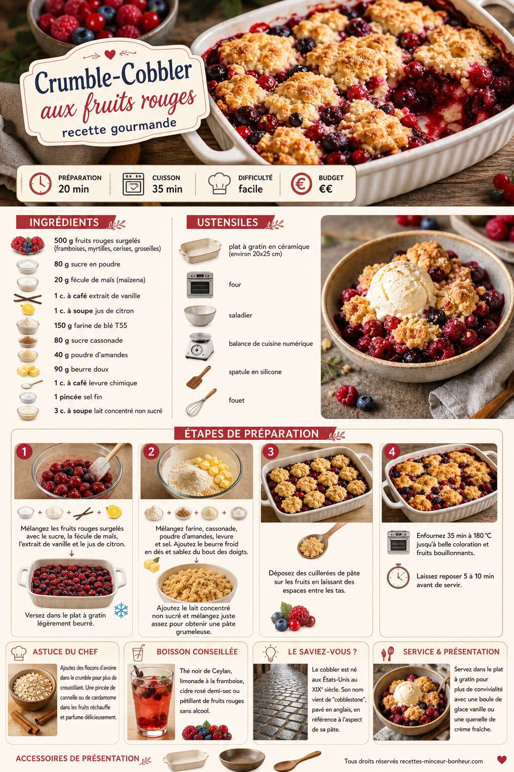 Fiche recette Crumble-Cobbler aux fruits rouges : recette gourmande Fiche recette Crumble-Cobbler aux fruits rouges : recette gourmande