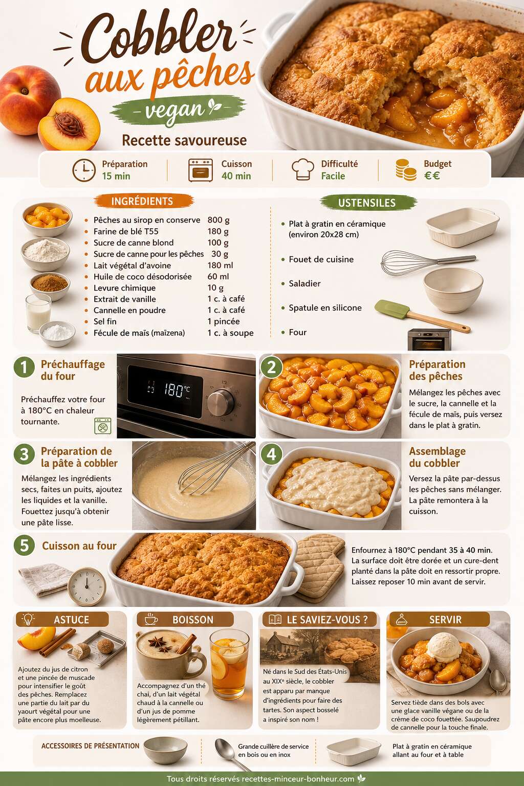 Fiche recette Cobbler aux pêches vegan : recette savoureuse Fiche recette Cobbler aux pêches vegan : recette savoureuse