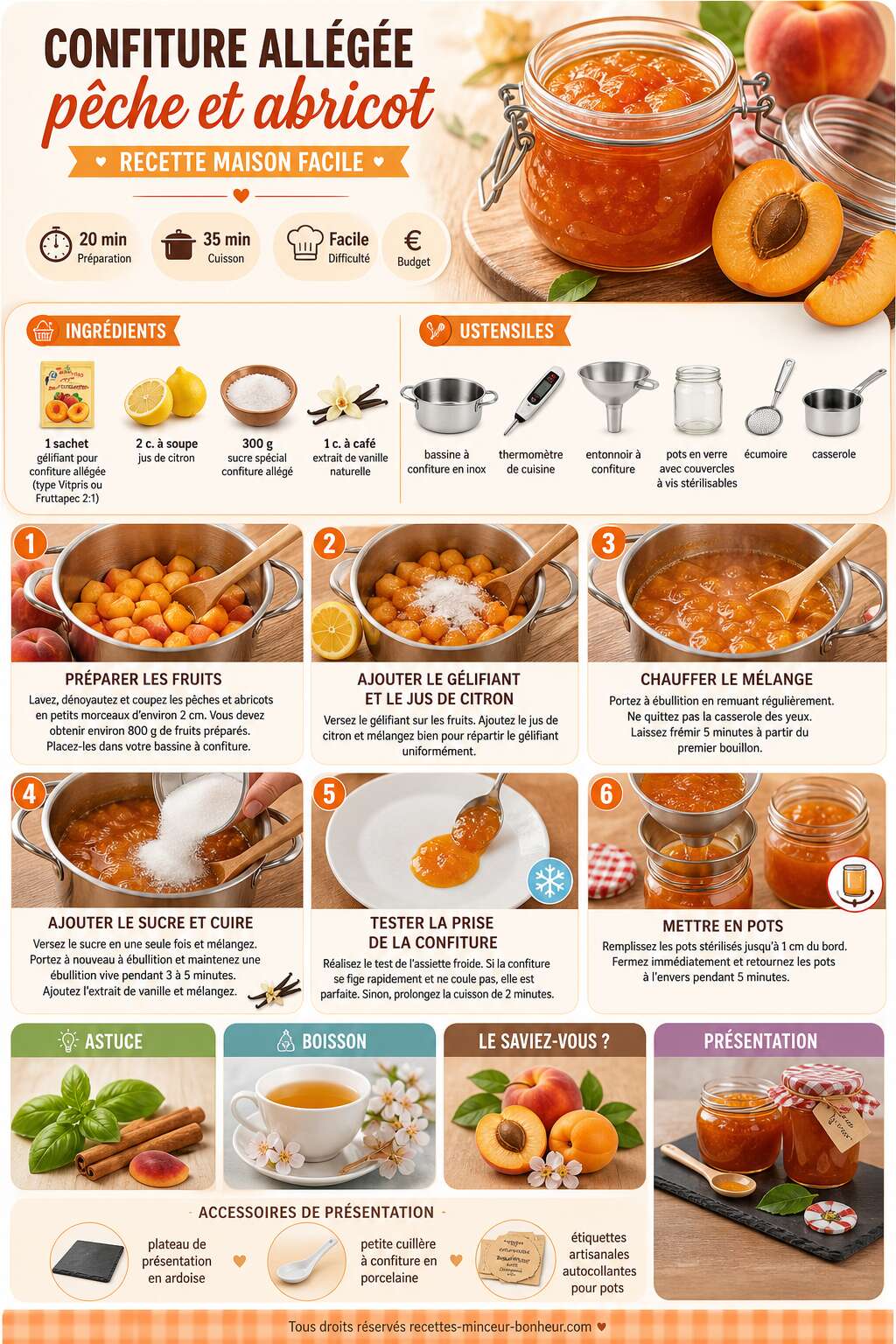 Fiche recette Confiture all&eacute;g&eacute;e p&ecirc;che et abricot : recette maison facile