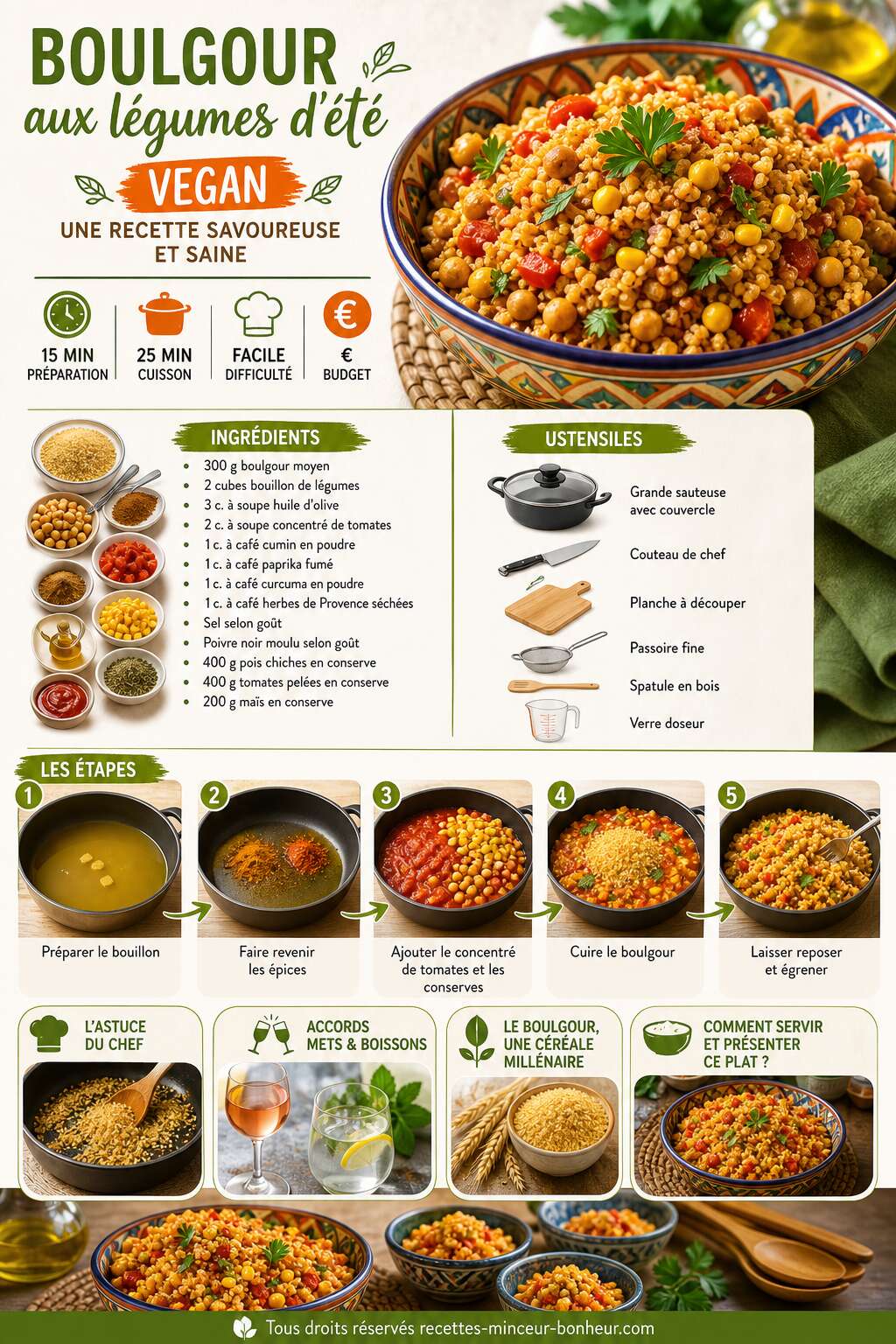Fiche recette Boulgour aux légumes d'été vegan : une recette savoureuse et saine Fiche recette Boulgour aux légumes d'été vegan : une recette savoureuse et saine