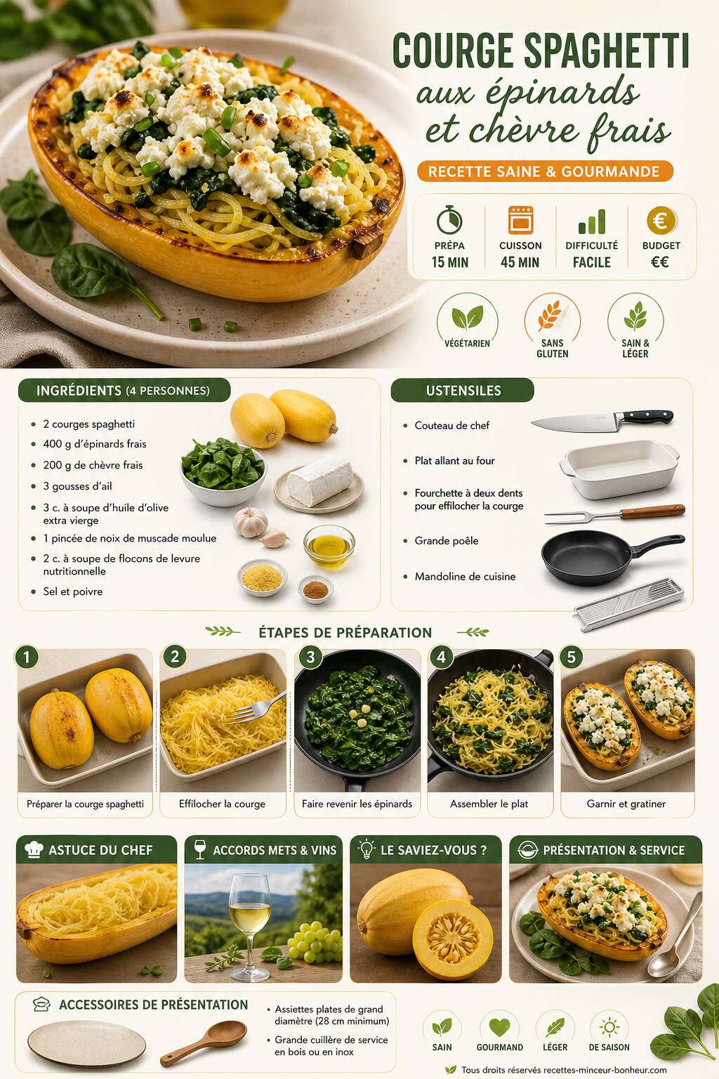 Fiche recette Courge spaghetti aux épinards et chèvre frais : recette saine Fiche recette Courge spaghetti aux épinards et chèvre frais : recette saine