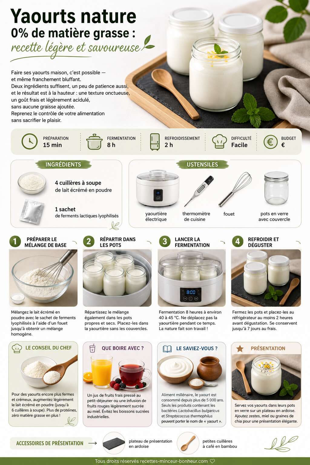 Fiche recette Yaourts nature 0% de matière grasse : recette légère et savoureuse Fiche recette Yaourts nature 0% de matière grasse : recette légère et savoureuse