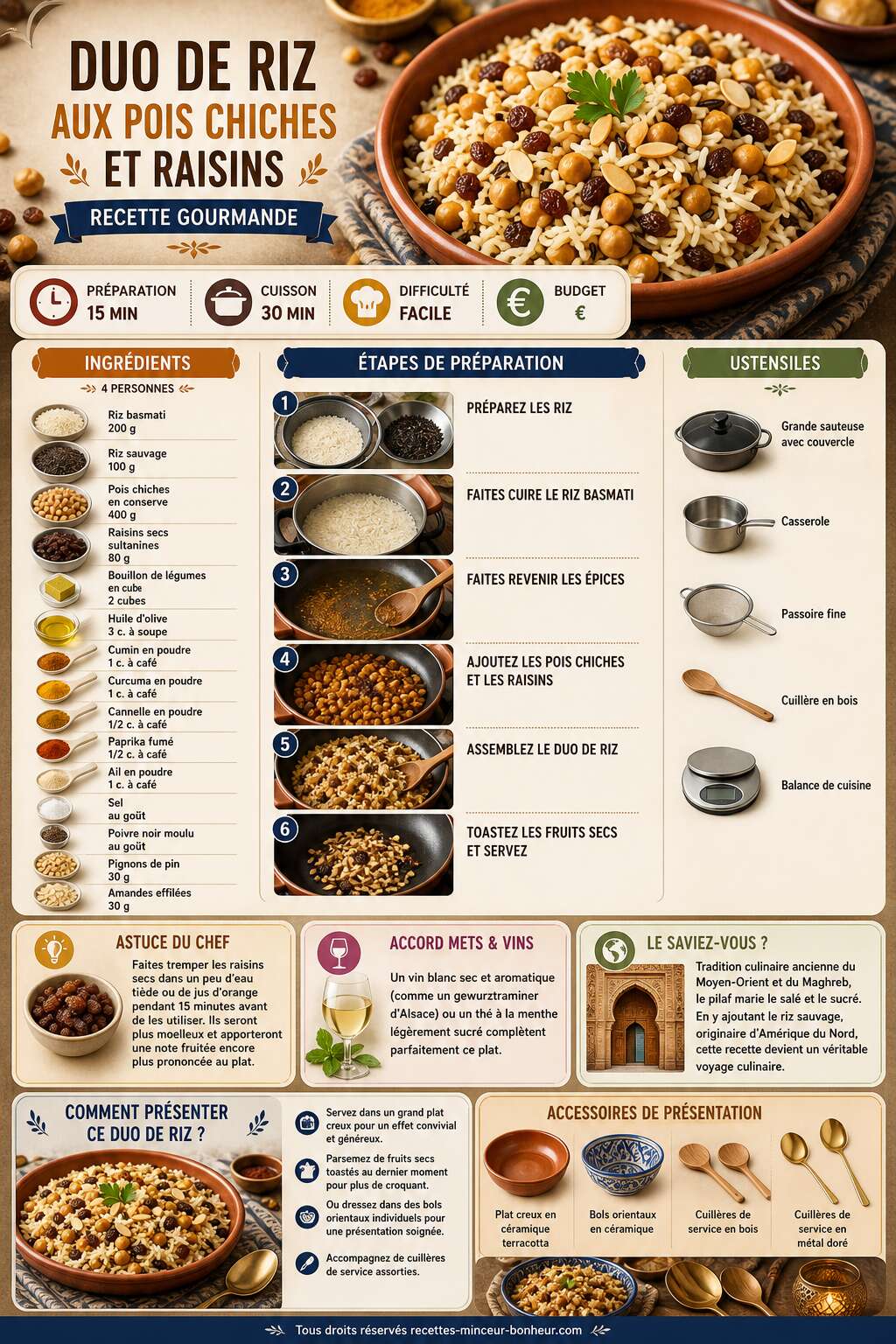 Fiche recette Duo de riz aux pois chiches et raisins : recette gourmande
