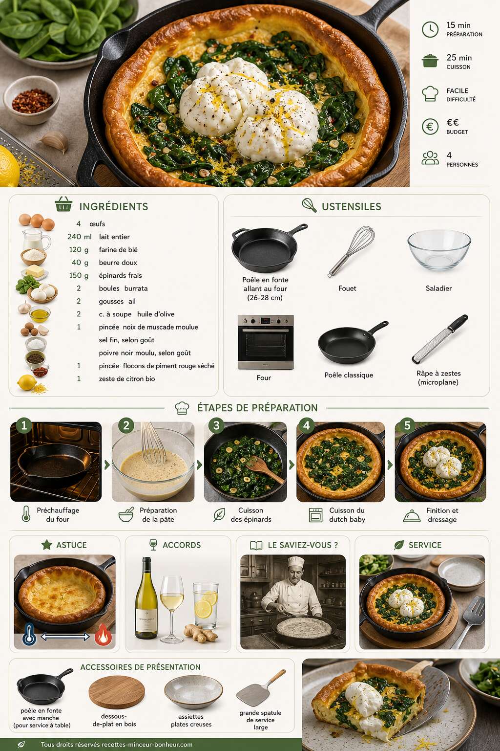 Fiche recette Dutch baby pancake aux épinards et burrata : recette gourmande Fiche recette Dutch baby pancake aux épinards et burrata : recette gourmande