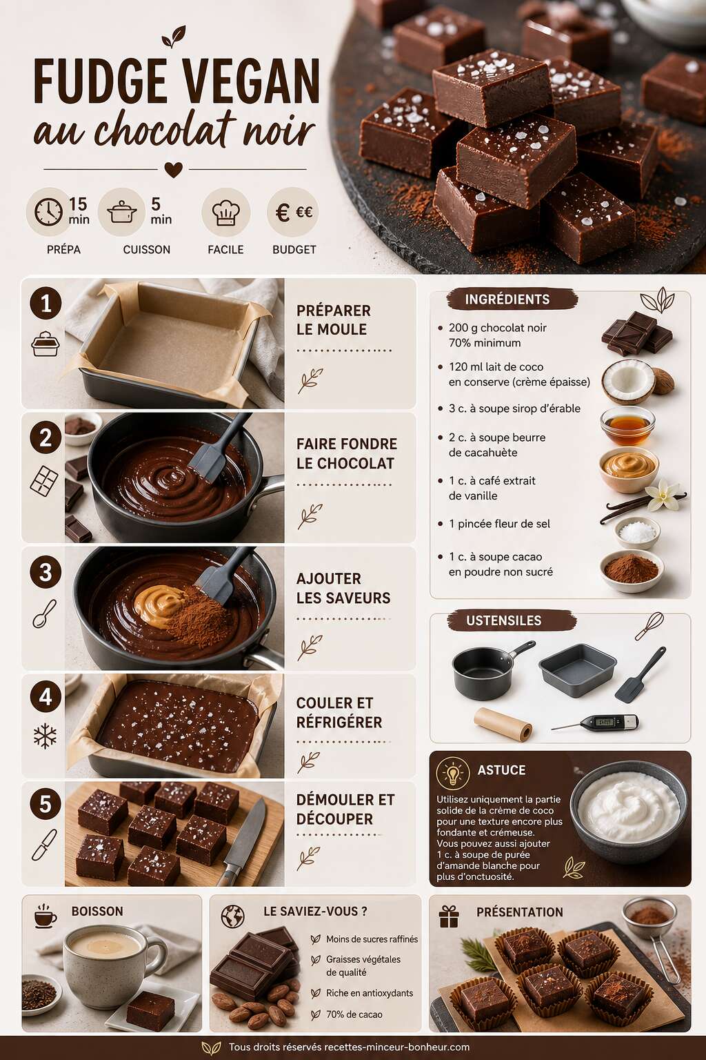 Fiche recette Fudge vegan : recette healthy au chocolat noir Fiche recette Fudge vegan : recette healthy au chocolat noir