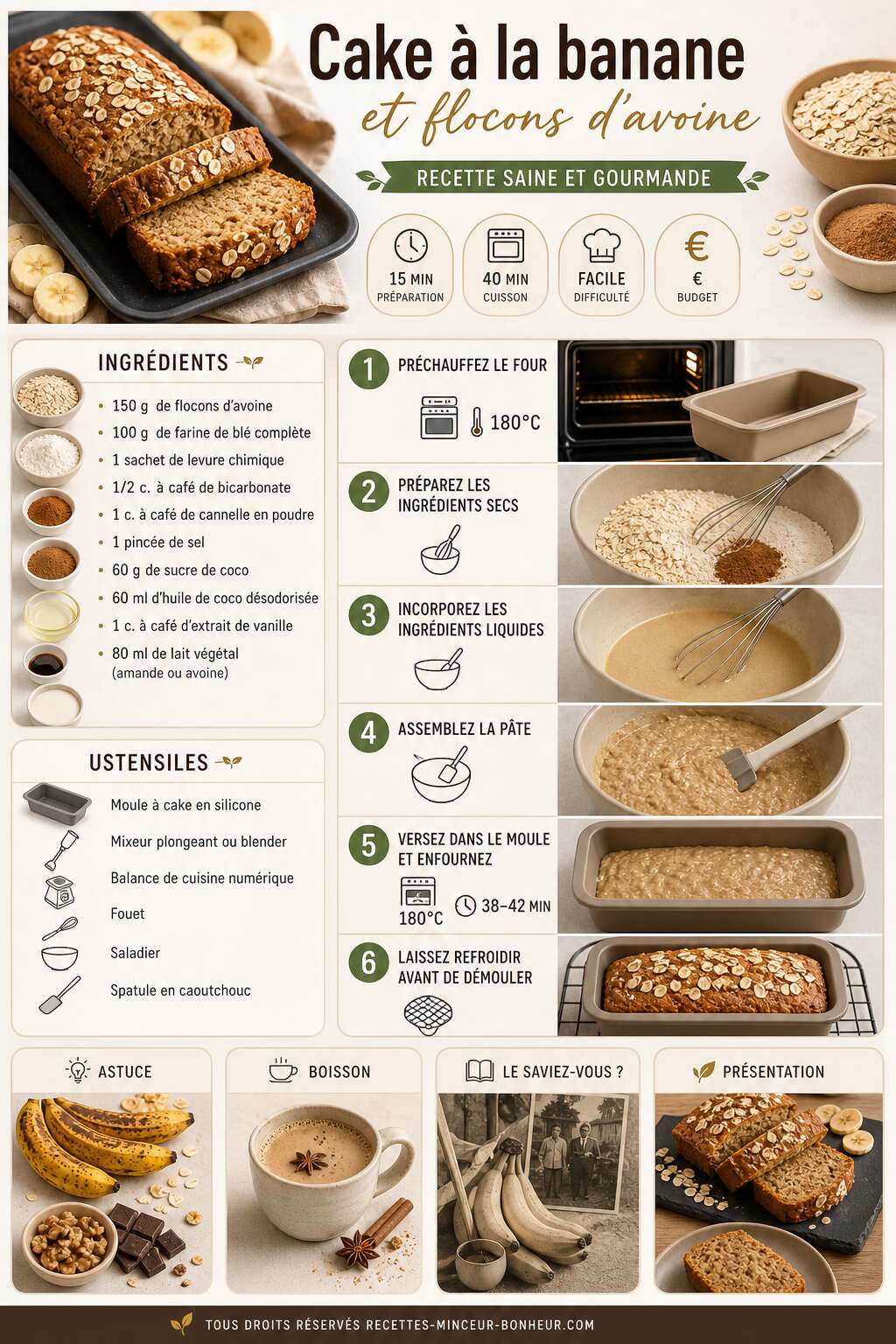 Fiche recette Cake à la banane et flocons d'avoine : recette saine et gourmande Fiche recette Cake à la banane et flocons d'avoine : recette saine et gourmande