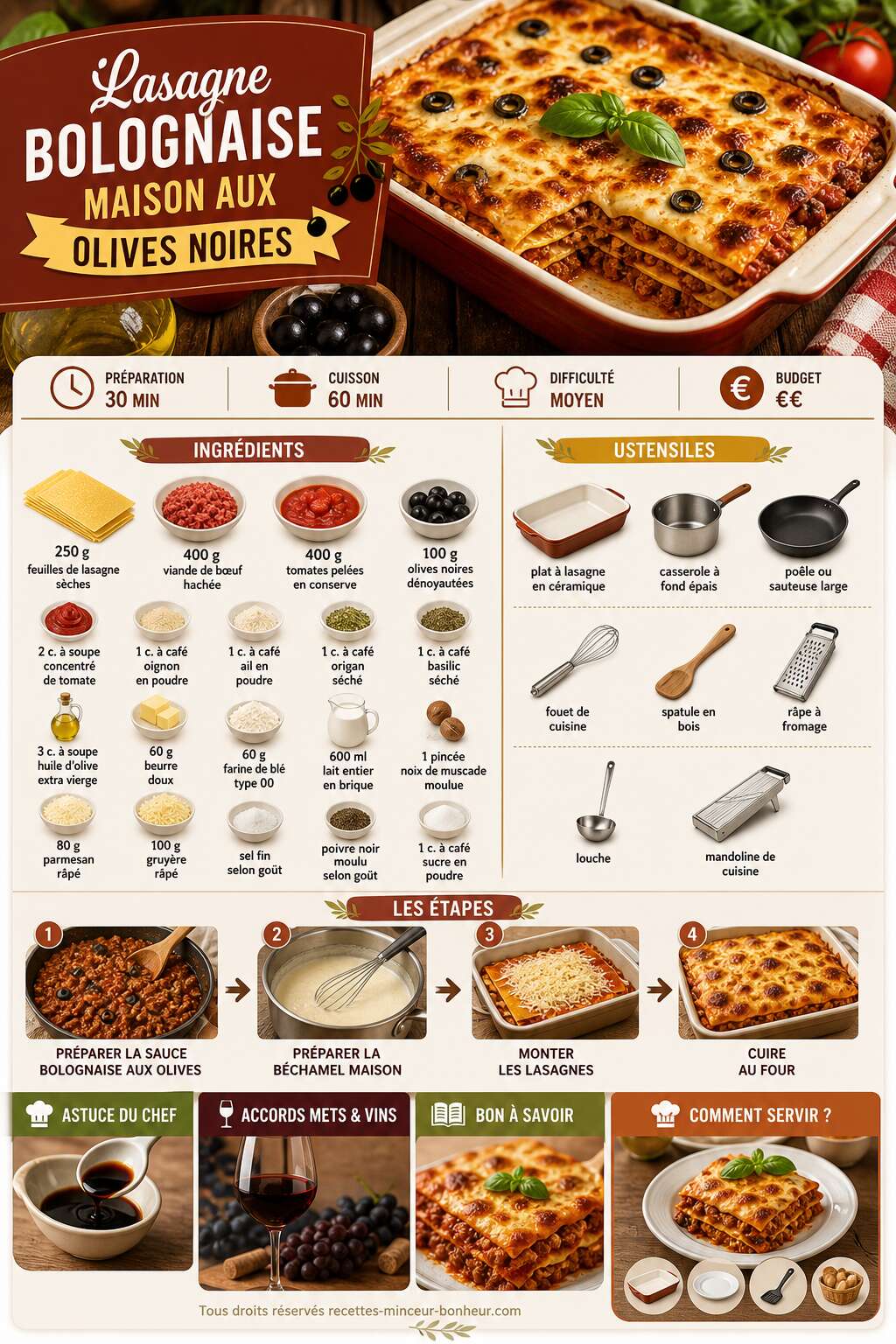 Fiche recette Lasagne bolognaise maison aux olives noires : recette savoureuse Fiche recette Lasagne bolognaise maison aux olives noires : recette savoureuse
