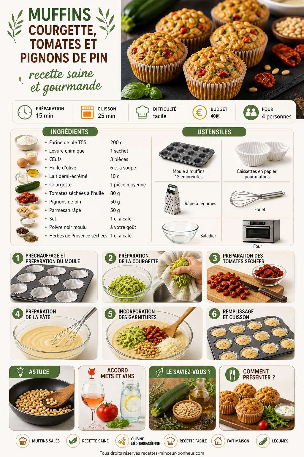 Fiche recette Muffins courgette, tomates et pignons de pin : recette saine et gourmande