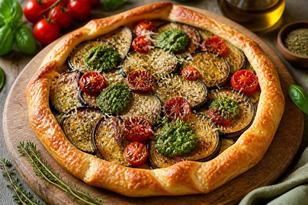 Recette de tarte rustique aux aubergines et pesto : un délice facile à réaliser